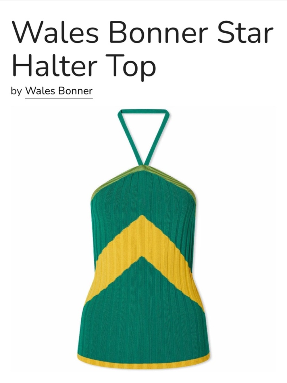 Wales Bonner Green Halter Top with Yellow Chevron